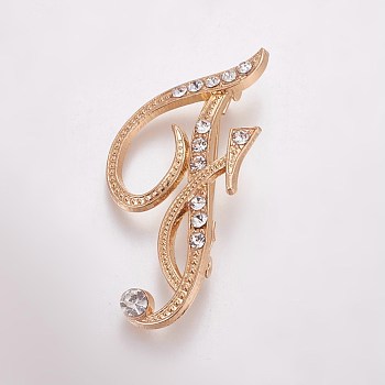 Alloy Brooches, with Rhinestone, Letter, Letter.F, Golden, 44x31x3mm, Pin: 1mm