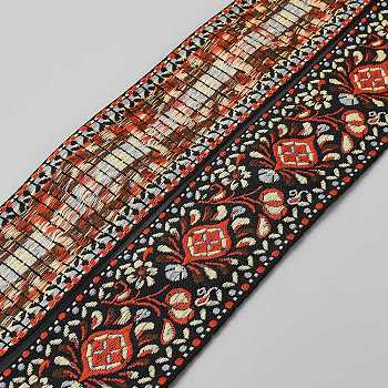 Ethnic Style Floral Pattern Embroidery Polyester Ribbons, Jacquard Ribbon, Garment Accessories, Tomato, 1-7/8 inch(49mm), about 1.8~2 yards/roll