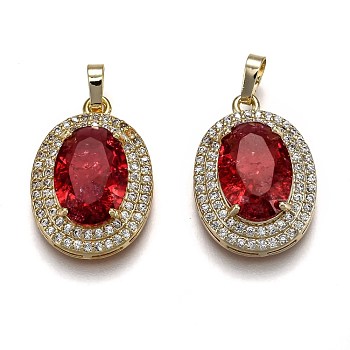 Golden Plated Brass Micro Pave Clear Cubic Zirconia Pendants, with Glass, with Snap on Bails, Long-Lasting Plated, Oval, Red, 22.5x16x7mm, Hole: 3x5mm