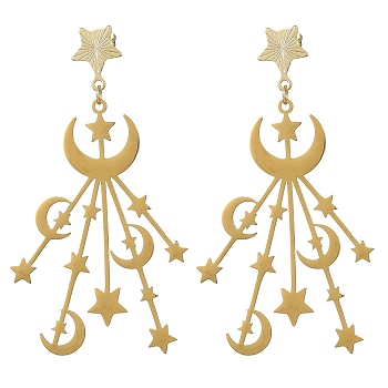 201 Stainless Steel Moon & Star Dangle Stud Earrings for Women, Long Drop Earring, Golden, 66x36mm