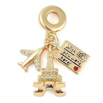 Rack Plating Brass Clear Cubic Zirconia European Dangle Charms, Red Enamel Travel Large Hole Pendants, Real 18K Gold Plated, Long-Lasting Plated, Cadmium Free & Lead Free, Eiffel Tower, 32mm, Hole: 4.5mm