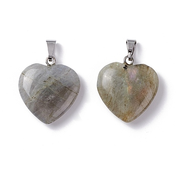 Natural Labradorite Pendants, Heart, with Brass Findings, Platinum, 22~23x20~20.5x6~7.5mm, Hole: 5x8mm