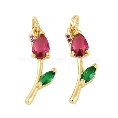 Real 18K Gold Plated Cerise Flower Brass+Cubic Zirconia Pendants