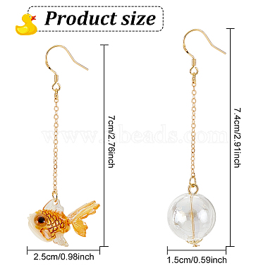 ANATTASOUL 2 Pairs 2 Colors Resin Fish & Glass Ball Asymmetrical Earrings(EJEW-AN0002-32)-2