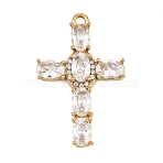 304 Stainless Steel Rhinestone Pendants, Cross Charms, with Glass, Ion Plating(IP), Real 18K Gold Plated, Clear, 30x19x4.5mm, Hole: 2mm(STAS-P430-02G-03)