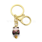 Fortune Cat Porcelain Pendant Keychain, with Iron Keychain Ring and Alloy Lobster Claw Clasps, Black, 8.7cm(KEYC-G064-02E)