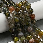 Faceted Natural Dragon Veins Agate Beads Strands, Round, Dyed & Heated, Dark Olive Green, 12mm, Hole: 1.6mm, about 31pcs/strand, 14.76''(37.5cm)(G-F447-12mm-L07)