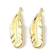 Rack Plating Brass Micro Pave Cubic Zirconia Pendants, Leaf Charm, Cadmium Free & Lead Free, Long-Lasting Plated, Real 18K Gold Plated, 41x13x2mm, Hole: 4x2mm(KK-C019-23G)