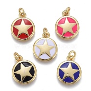 Brass Enamel Charms, with Jump Rings, Long-Lasting Plated, Real 18K Gold Plated, Flat Round with Star, Mixed Color, 13x11x2.5mm, Jump Rings: 5x1mm, Inner Diameter: 3mm(ZIRC-M108-41-G)