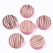 Painted Natural Wood Beads, Laser Engraved Pattern, Flat Round with Zebra-Stripe, Pink, 15x4.5mm, Hole: 1.5mm(WOOD-T021-50A-05)