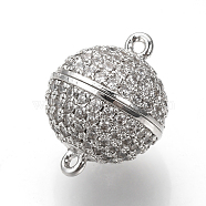 Brass Micro Pave Cubic Zirconia Magnetic Clasps with Loops, Round, Platinum, 14x10mm, Hole: 1mm(ZIRC-S058-04P-10mm)