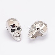 Brass Micro Pave Cubic Zirconia Beads, Skull, Lead Free & Nickel Free & Cadmium Free, Real Platinum Plated, 13x8x9.5mm, Hole: 2mm(X-ZIRC-P017-11P-NR)