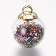 Glass Ball Pendants, with Resin Chips and Alloy Finding, Golden, 23.5x18mm, Hole: 3.5x4mm(GLAA-P031-01)