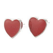 Brass Stud Earring Findings, with Loop, Enamel, Heart, Nickel Free, Real Platinum Plated, Red, 10x10mm, Hole: 1.5mm, pin: 0.7mm(KK-S345-265B)