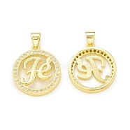Rack Plating Brass Micro Pave Clear Cubic Zirconia Pendants, Cadmium Free & Lead Free, Long-Lasting Plated, Flat Round with Word Fe Charm, Real 18K Gold Plated, 20x17.5x3mm, Hole: 4x3.5mm(KK-C011-10G)