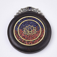 Handmade Indonesia Pendants, with Alloy Findings, Sandalwood and Resin, Antique Golden with Antique Silver, Flat Round with Lotus, FireBrick, 45~46x39~40x8mm, Hole: 1.6mm(X-IPDL-N002-39)