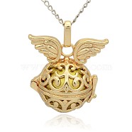 Golden Tone Brass Hollow Round Cage Pendants, with No Hole Spray Painted Brass Round Ball Beads, Round with Wing, Dark Khaki, 31x30x21mm, Hole: 3x8mm(KK-J233-06G)