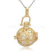 Golden Tone Brass Hollow Round Cage Pendants, with No Hole Spray Painted Brass Round Beads, White, 35x25x21mm, Hole: 3x8mm(KK-J226-02G)