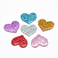 Resin Cabochons, with Glitter Powder, Heart, Mixed Color, 31~32x37x3~4mm(CRES-Q197-59)