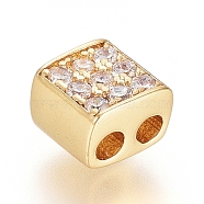Brass Micro Pave Cubic Zirconia Slide Charms, Long-Lasting Plated, Cube, Clear, Real 18K Gold Plated, 5x5x3.5mm, Hole: 1.6mm(ZIRC-G166-34G)