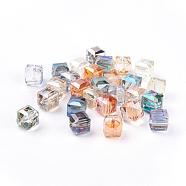 Faceted Cube Electorplated Glass Beads, Rainbow Plated, Mixed Color, 11x11x11mm, Hole: 1.5mm(X-EGLA-E006-M2)
