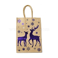 Christmas Theme Blue Printed Kraft Paper Tote Bags with Handles, Rectangle Heavy Duty Storage Shopping Bags, Deer, 20.7x15x8.2cm(ABAG-B006-04E)