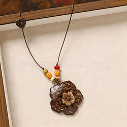 Natural Coconut Pendant Adjustable Leather Cord Long Necklaces with Wood Beads, Coconut Brown, Flower, 31.50 inch(80cm), Pendant: 55x50mm(WGC33B1-01)