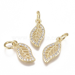 Brass Micro Pave Cubic Zirconia Charms, with Jump Ring, Long-Lasting Plated, Leaf, Clear, Real 18K Gold Plated, 13x6x1mm, Hole: 3mm(X-ZIRC-F111-17G)