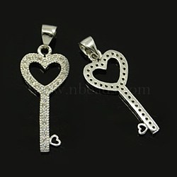 Brass Micro Pave Cubic Zirconia Pendants, Key, Platinum, 27.5x11x2mm, Hole: 4.5x3.5mm(ZIRC-F005-13P)