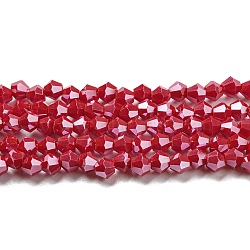 Opaque Solid Color Electroplate Glass Beads Strands, Pearl Luster Plated, Faceted, Bicone, Red, 4x4mm, Hole: 0.8mm, about 87~98pcs/strand, 12.76~14.61 inch(32.4~37.1cm)(GLAA-F029-P4mm-C02)