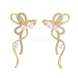 Bowknot Brass Micro Pave Cubic Zirconia Cuff Earrings for Women, with Plastic Imitation Pearl Beads, Long-Lasting Plated, Cadmium Free & Lead Free, Real 18K Gold Plated, 45x18x19mm(EJEW-E310-04G)