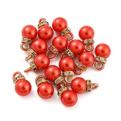 (Defective Closeout Sale: Ring Dyed)ABS Plastic Imitation Pearl Charms, with Resin Rhinestone, Round Charm, Red, 13x8mm, Hole: 2.5mm(KY-XCP0001-25G-05)
