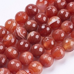 Natural Striped Agate/Banded Agate Beads Strands, Round, Faceted, Dyed, Indian Red, 10mm, Hole: 1mm, about 37pcs/strand, 14.7 inch(37.5cm)(G-P364-12-10mm)