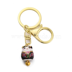 Fortune Cat Porcelain Pendant Keychain, with Iron Keychain Ring and Alloy Lobster Claw Clasps, Black, 8.7cm(KEYC-G064-02E)