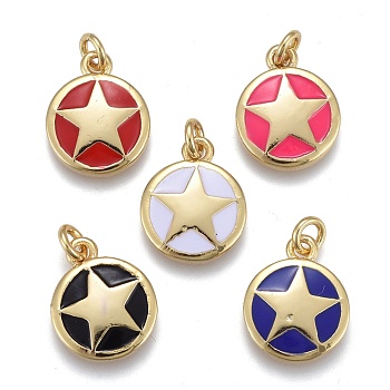 Brass Enamel Charms, with Jump Rings, Long-Lasting Plated, Real 18K Gold Plated, Flat Round with Star, Mixed Color, 13x11x2.5mm, Jump Rings: 5x1mm, Inner Diameter: 3mm