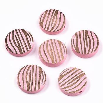 Painted Natural Wood Beads, Laser Engraved Pattern, Flat Round with Zebra-Stripe, Pink, 15x4.5mm, Hole: 1.5mm