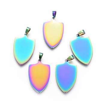 Ion Plating(IP) 304 Stainless Steel Pendants, Shield, Stamping Blank Tag, Rainbow Color, 30x18x1mm, Hole: 3x5mm