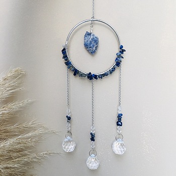 Glass Pendant Decoration, Suncatchers, with Metal Findings, Natural Lapis Lazuli, 400x90mm