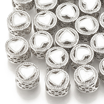 Alloy Enamel European Beads, Large Hole Beads, Column, Hollow, Platinum, White, 11x10mm, Hole: 5mm