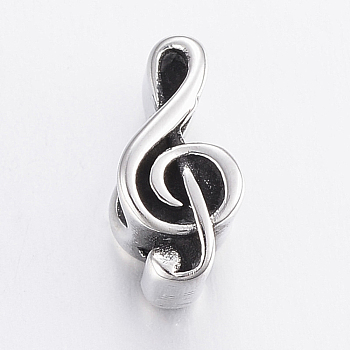 304 Stainless Steel Beads, Large Hole Beads, Musical Note, Antique Silver, 14x6.5x8.5mm, Hole: 6mm