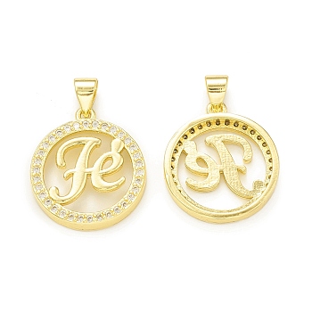 Rack Plating Brass Micro Pave Clear Cubic Zirconia Pendants, Cadmium Free & Lead Free, Long-Lasting Plated, Flat Round with Word Fe Charm, Real 18K Gold Plated, 20x17.5x3mm, Hole: 4x3.5mm