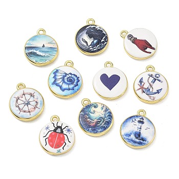 Printed Brass Pendants, Flat Round Charms, Cadmium Free & Lead Free, Golden, Mixed Color, 17x15x4mm, Hole: 1.5mm