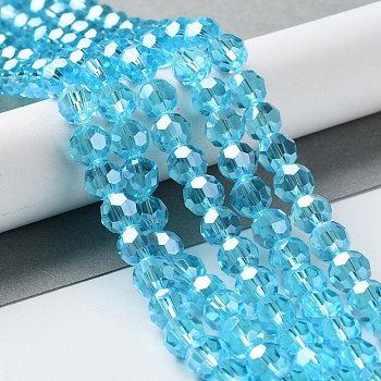 Electroplate Glass Bead Strands, Pearl Luster Plated, Faceted(32 Facets), Round, Deep Sky Blue, 8x7mm