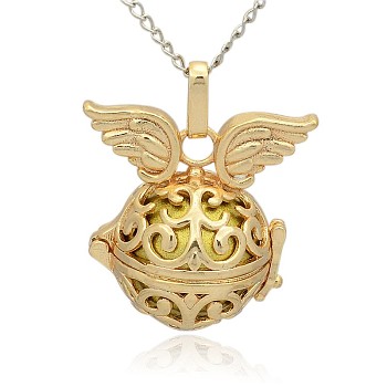 Golden Tone Brass Hollow Round Cage Pendants, with No Hole Spray Painted Brass Round Ball Beads, Round with Wing, Dark Khaki, 31x30x21mm, Hole: 3x8mm