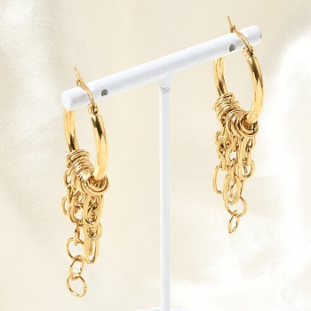 304 Stainless Steel Hoop Earrings for Women, Oval with Ring Chain Tassel, Golden, 60x25mm