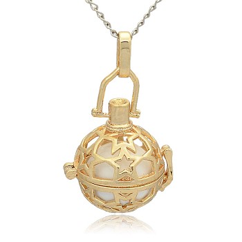 Golden Tone Brass Hollow Round Cage Pendants, with No Hole Spray Painted Brass Round Beads, White, 35x25x21mm, Hole: 3x8mm