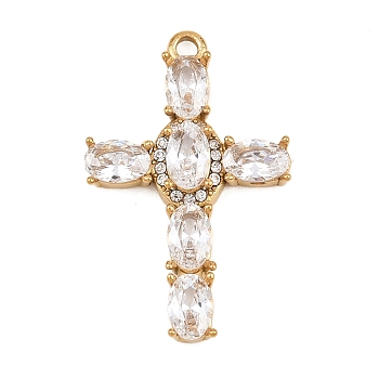 304 Stainless Steel Rhinestone Pendants, Cross Charms, with Glass, Ion Plating(IP), Real 18K Gold Plated, Clear, 30x19x4.5mm, Hole: 2mm