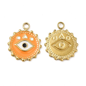 Vacuum Plating 201 Stainless Steel Enamel Pendants, Real 18K Gold Plated, Flat Round with Eye Charm, Dark Orange, 21.5x18x1.5mm, Hole: 2.6mm
