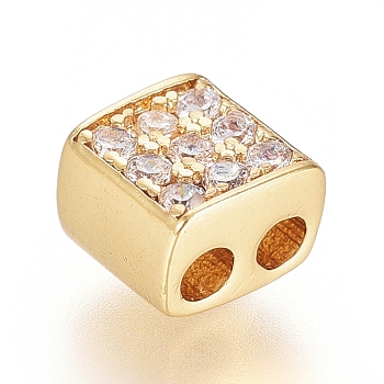 Brass Micro Pave Cubic Zirconia Slide Charms, Long-Lasting Plated, Cube, Clear, Real 18K Gold Plated, 5x5x3.5mm, Hole: 1.6mm
