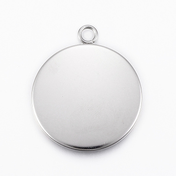 304 Stainless Steel Pendant Cabochon Settings, Flat Round, Stainless Steel Color, Tray: 25mm, 32x27x2mm, Hole: 3mm